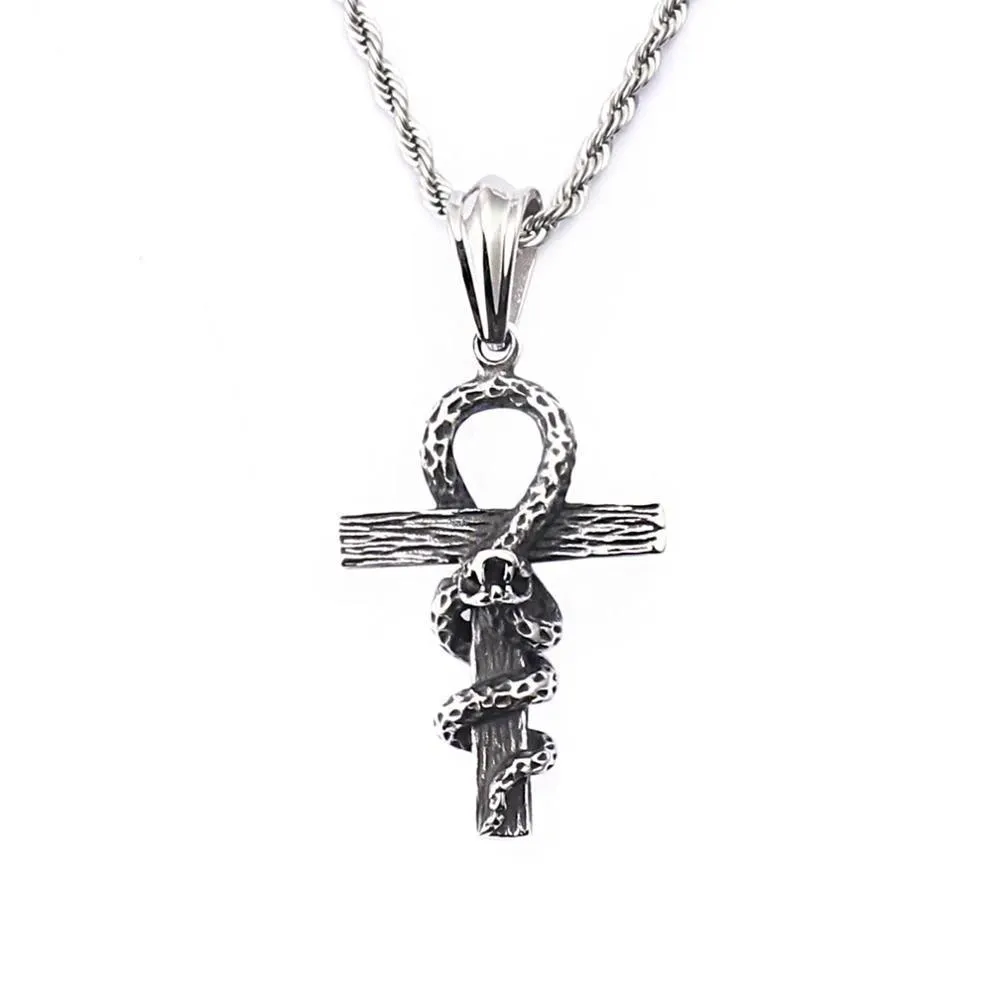 Egyptian Ankh with Snake Pendant Chain Necklace