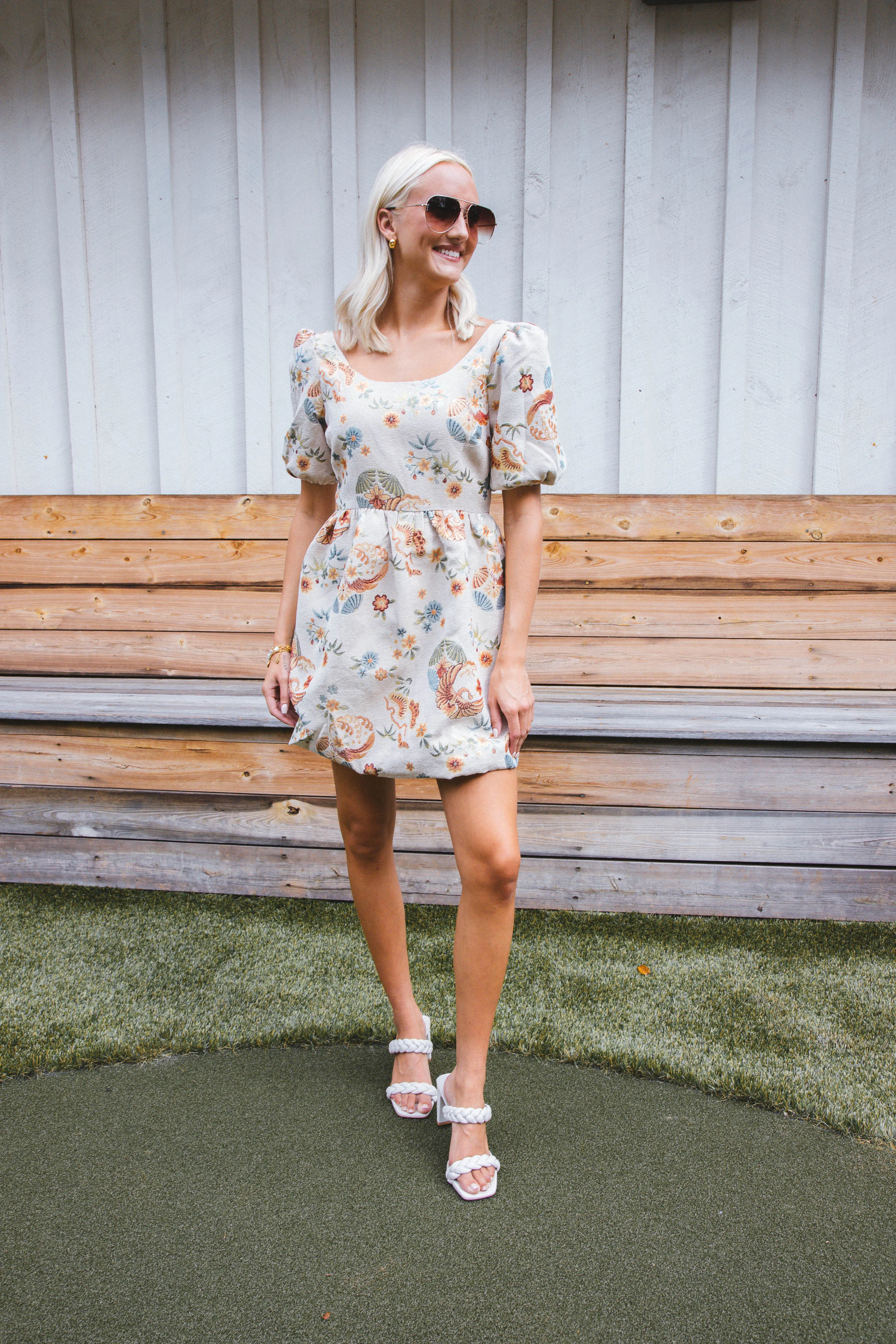 Elenora Floral Mini Dress, Beige Multi