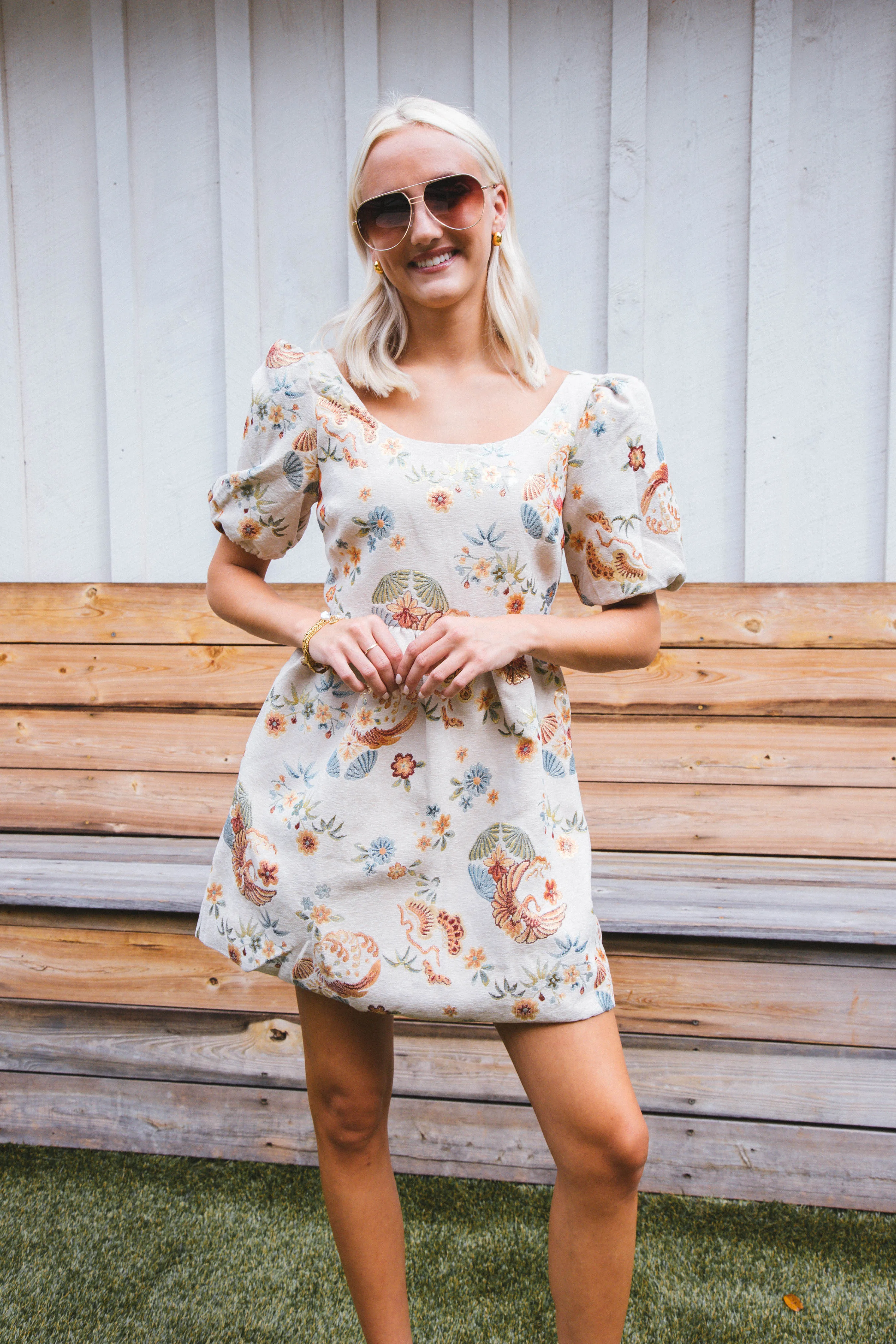 Elenora Floral Mini Dress, Beige Multi