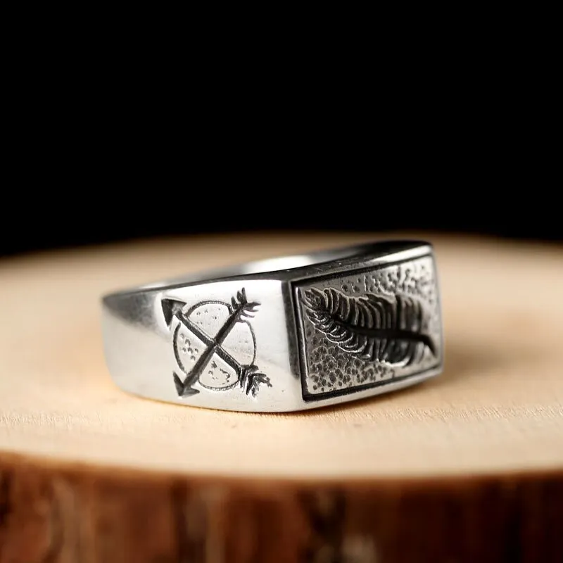 Engraved Leaf, Arrows and Sun 925 Sterling Silver Handmade Vintage Steampunk Biker Ring