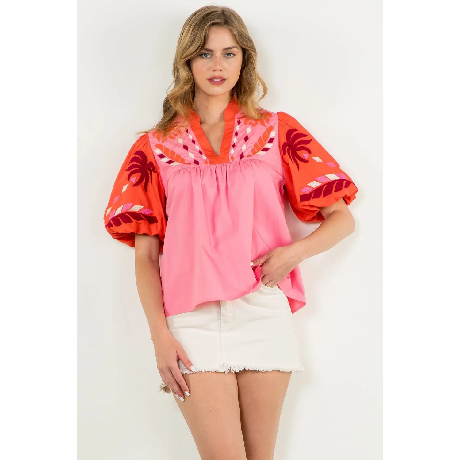 Estela Embroidered Detail Puff Sleeve Poplin THML Top