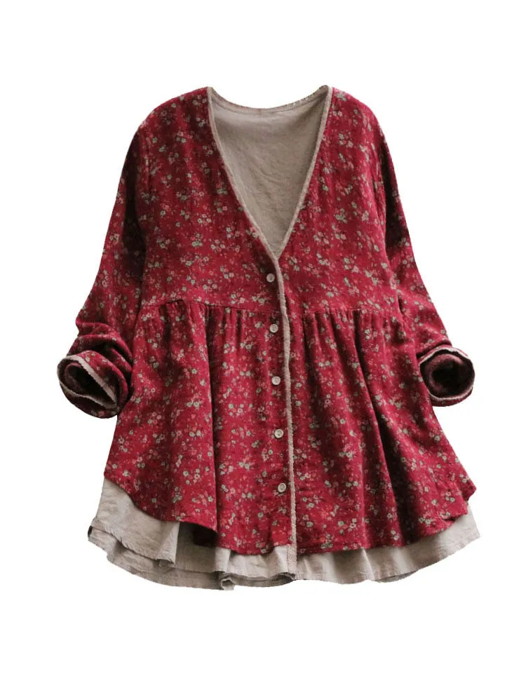 Fake-two-piece Loose Floral Long-sleeved Cardigan