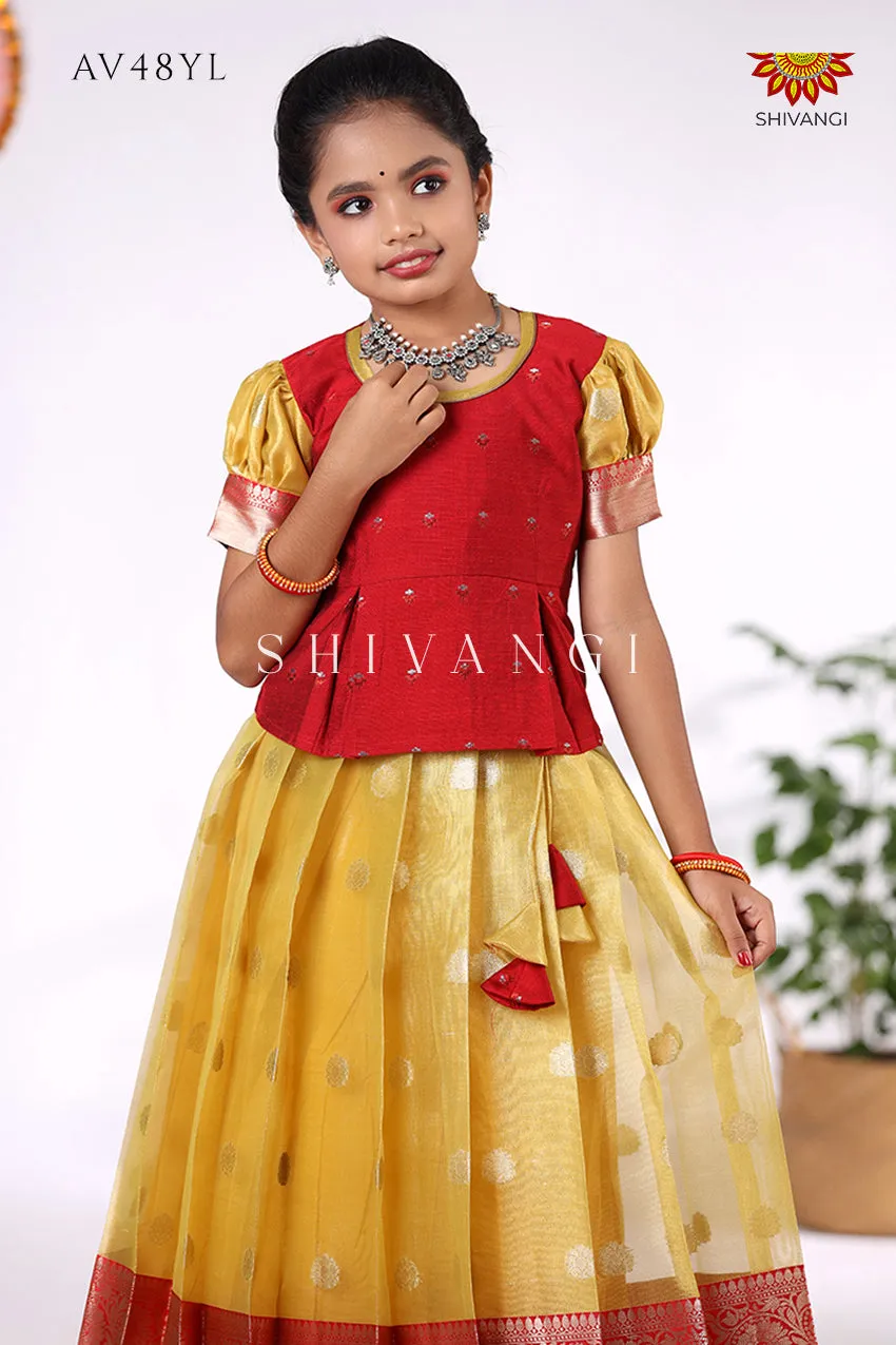 Festive Collection -  Yellow Tissue Jega Pattu Pavadai For Kids