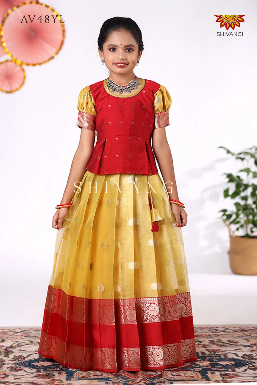 Festive Collection -  Yellow Tissue Jega Pattu Pavadai For Kids