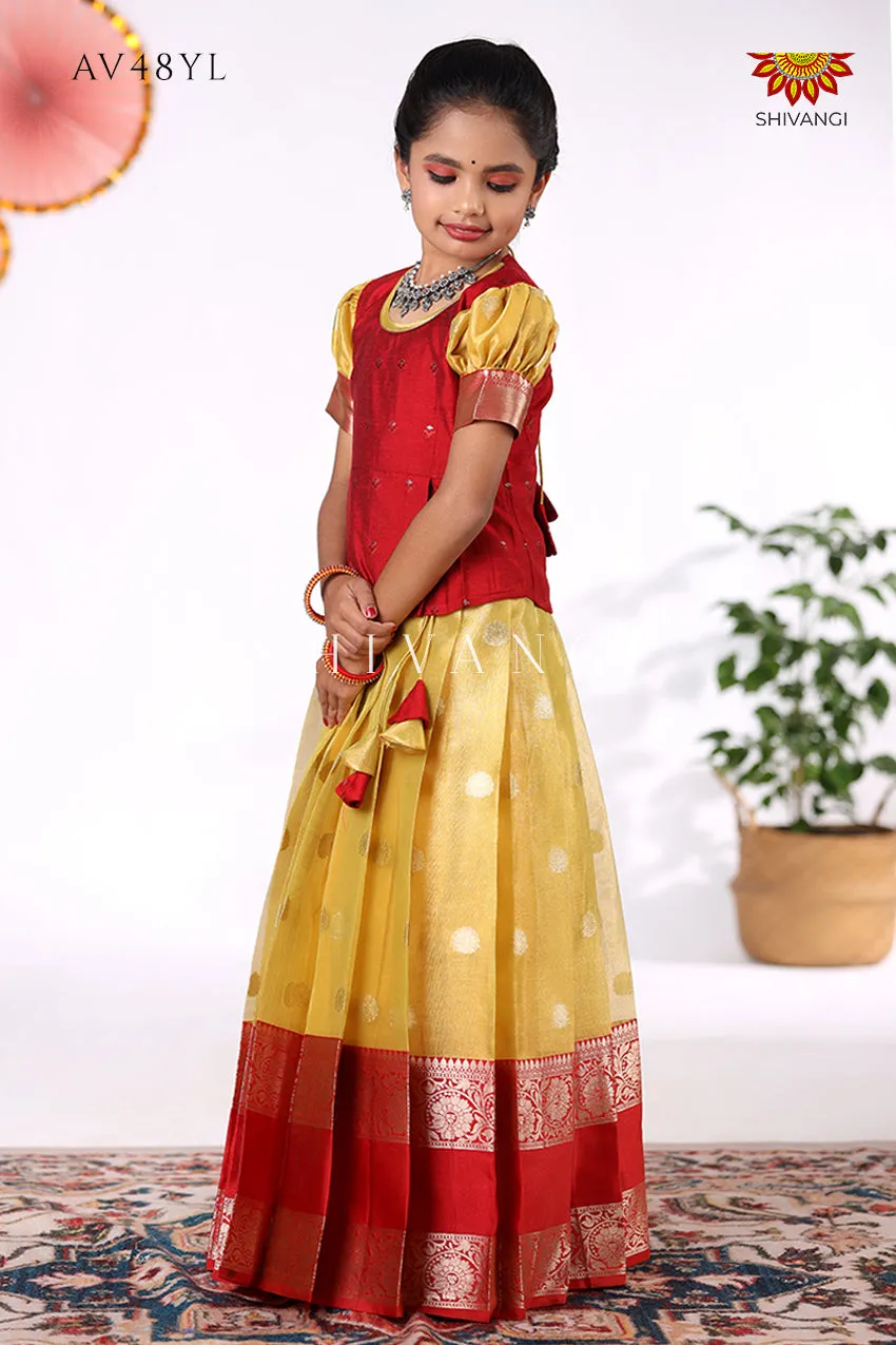 Festive Collection -  Yellow Tissue Jega Pattu Pavadai For Kids