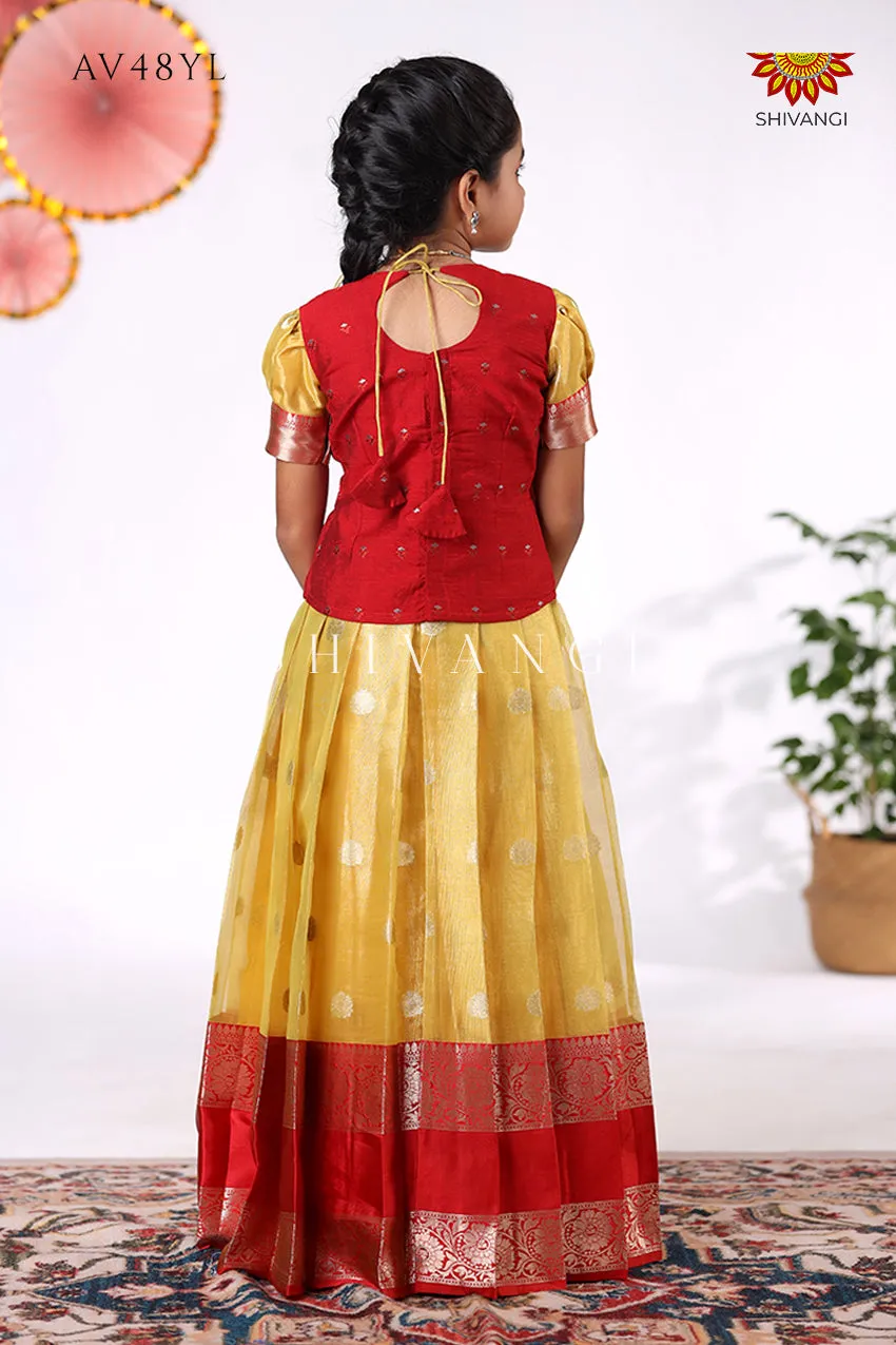 Festive Collection -  Yellow Tissue Jega Pattu Pavadai For Kids