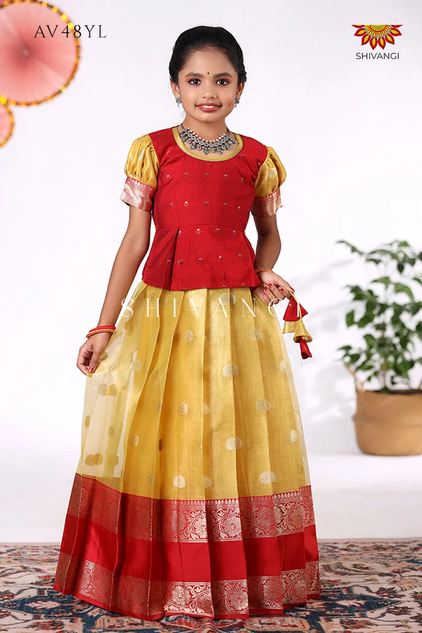 Festive Collection -  Yellow Tissue Jega Pattu Pavadai For Kids