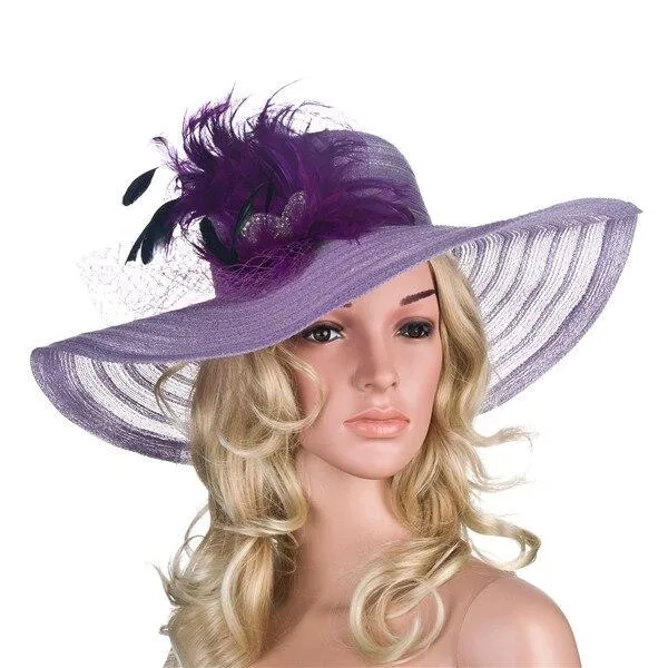 Floppy Wide Brim Sun Hat with Feather and Veil