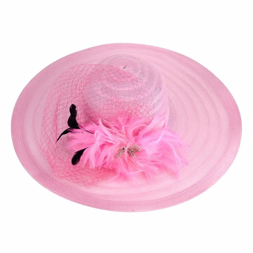 Floppy Wide Brim Sun Hat with Feather and Veil