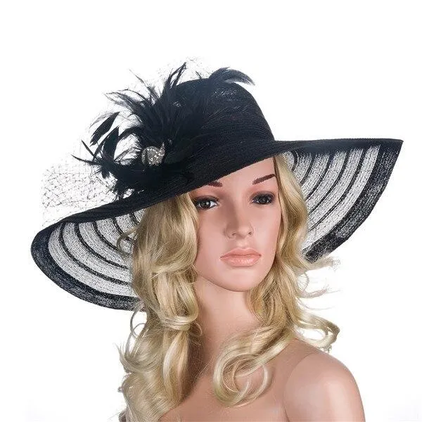 Floppy Wide Brim Sun Hat with Feather and Veil