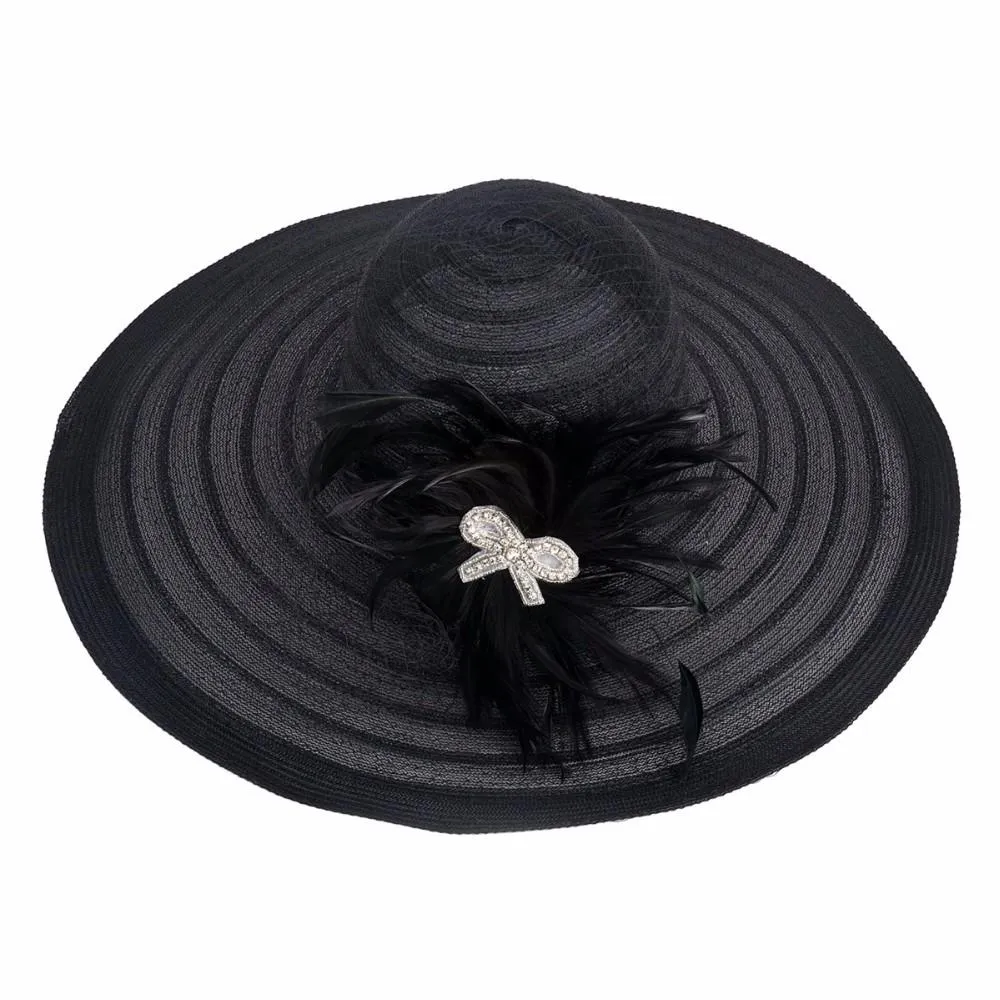 Floppy Wide Brim Sun Hat with Feather and Veil