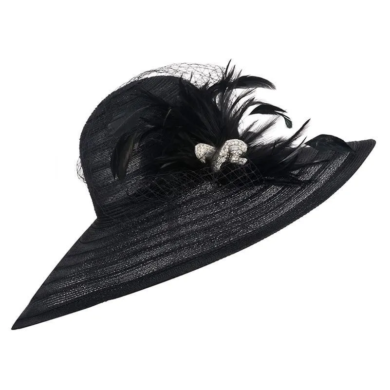 Floppy Wide Brim Sun Hat with Feather and Veil