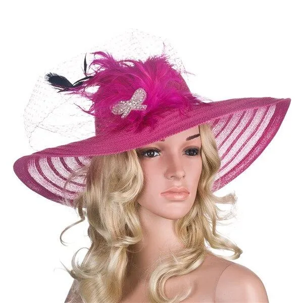 Floppy Wide Brim Sun Hat with Feather and Veil