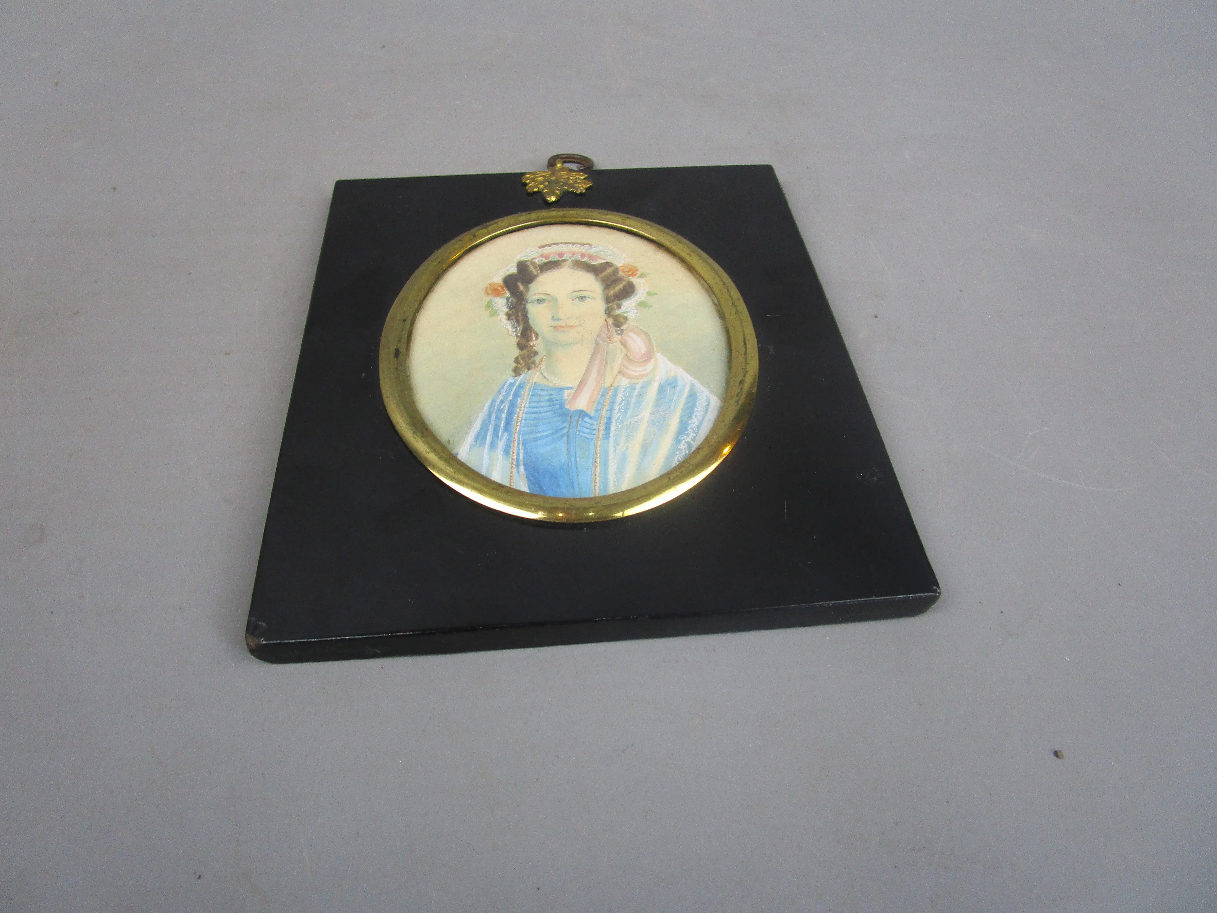 Framed Miniature Watercolour Portrait Painting Of Women In Blue Dress Antique Georgian c1830