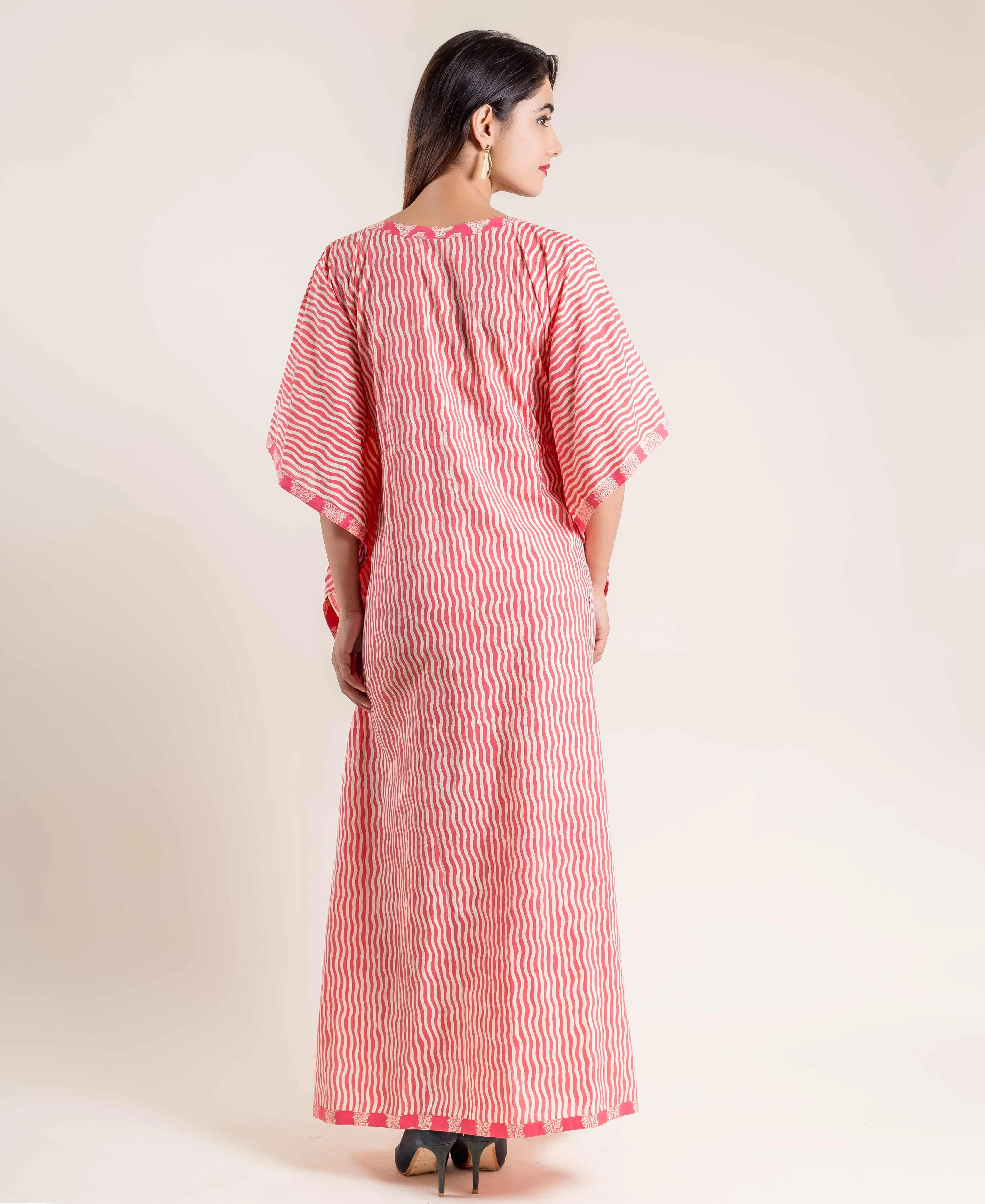 Fuchsia Floral Hand Block Printed Tie-Up Kaftan