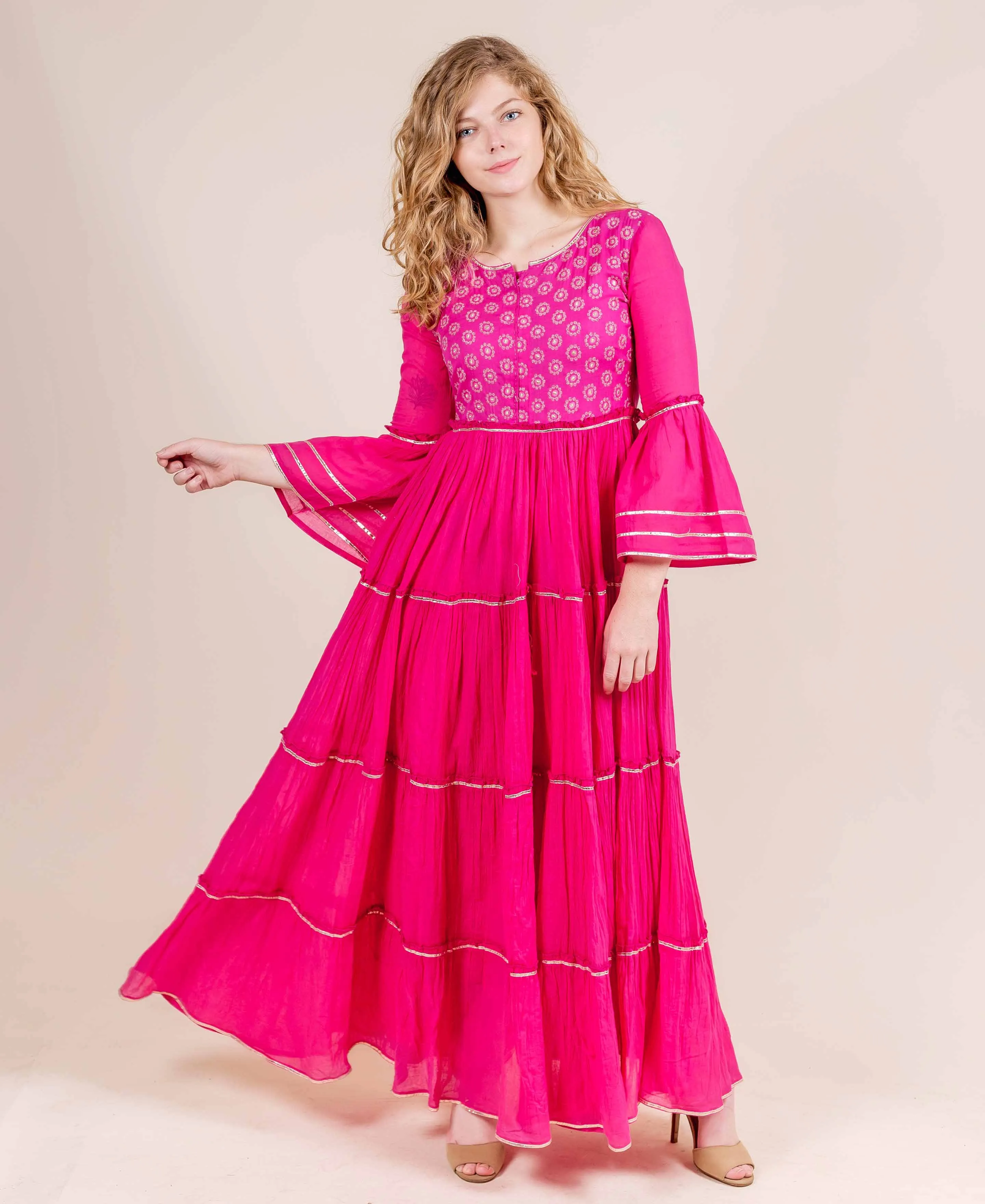 Fuchsia Full Bell Sleeves with Gota Trim Cotton Dress