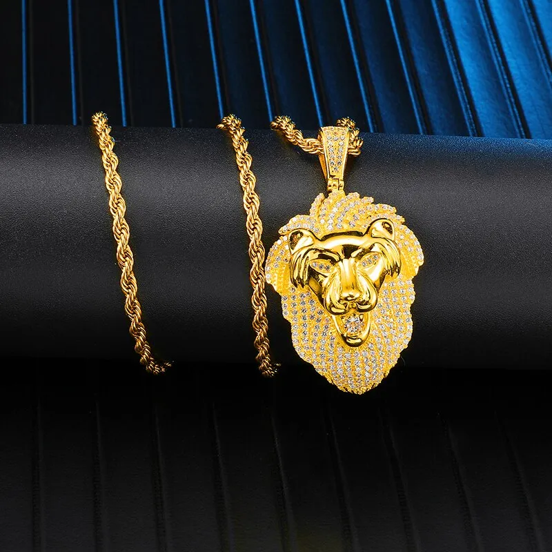 Gemstone-Studded Gold-Plated Lion Bling Rope Chain Hip-hop Pendant Necklace