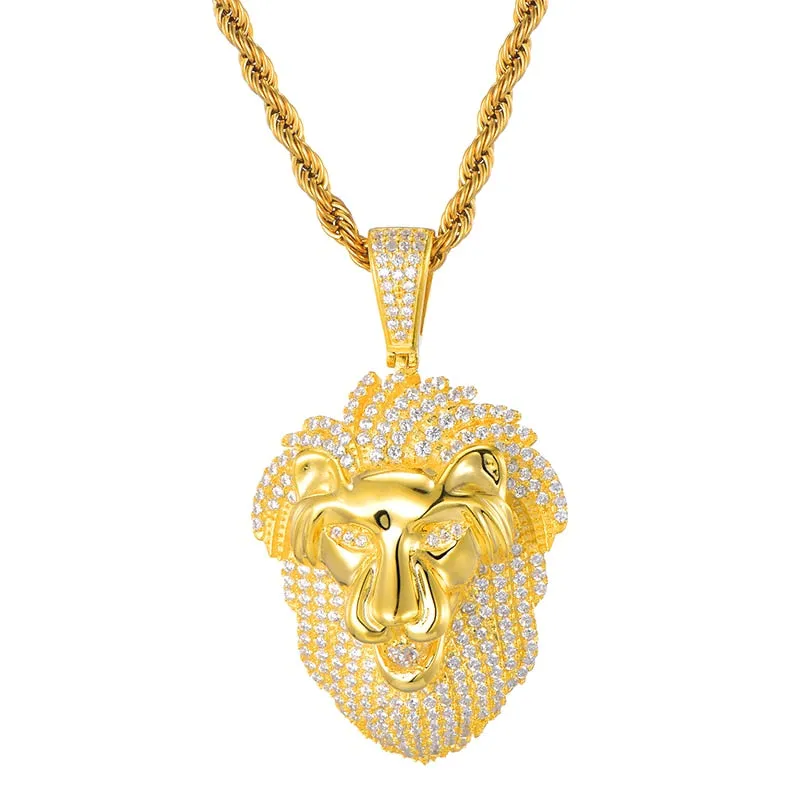 Gemstone-Studded Gold-Plated Lion Bling Rope Chain Hip-hop Pendant Necklace