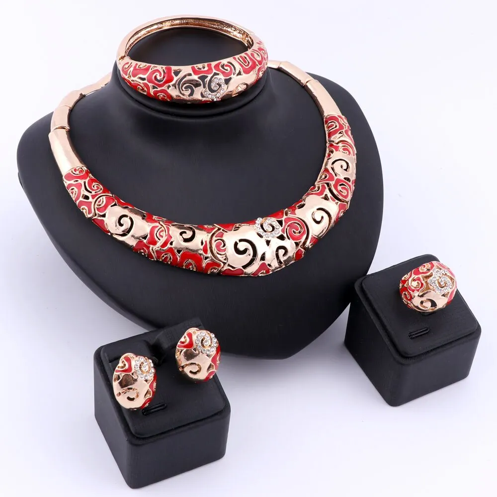 Gold-Plated Swirl Patterns Crystal and Enamel Necklace, Bracelet, Earrings & Ring Wedding Jewelry Set