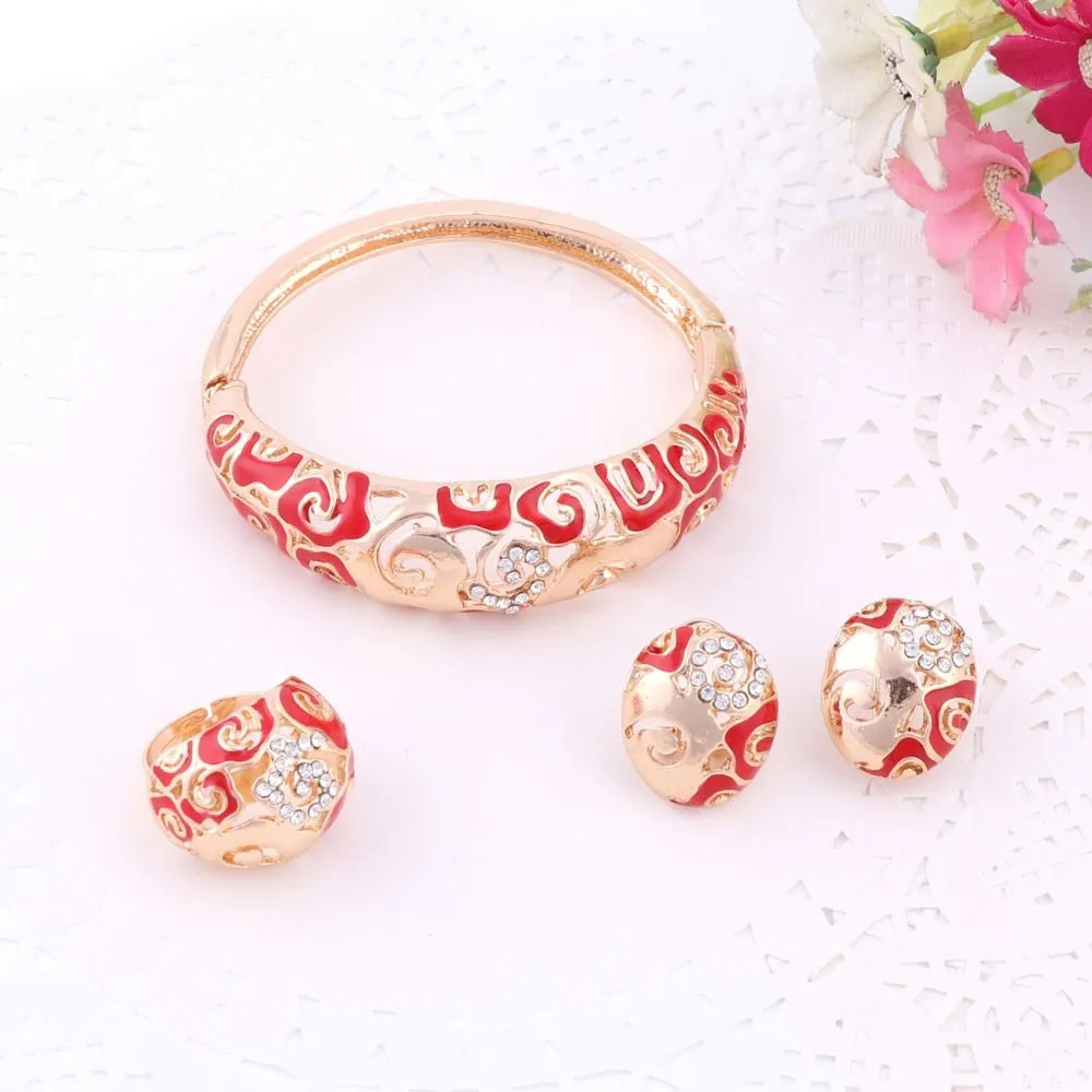 Gold-Plated Swirl Patterns Crystal and Enamel Necklace, Bracelet, Earrings & Ring Wedding Jewelry Set