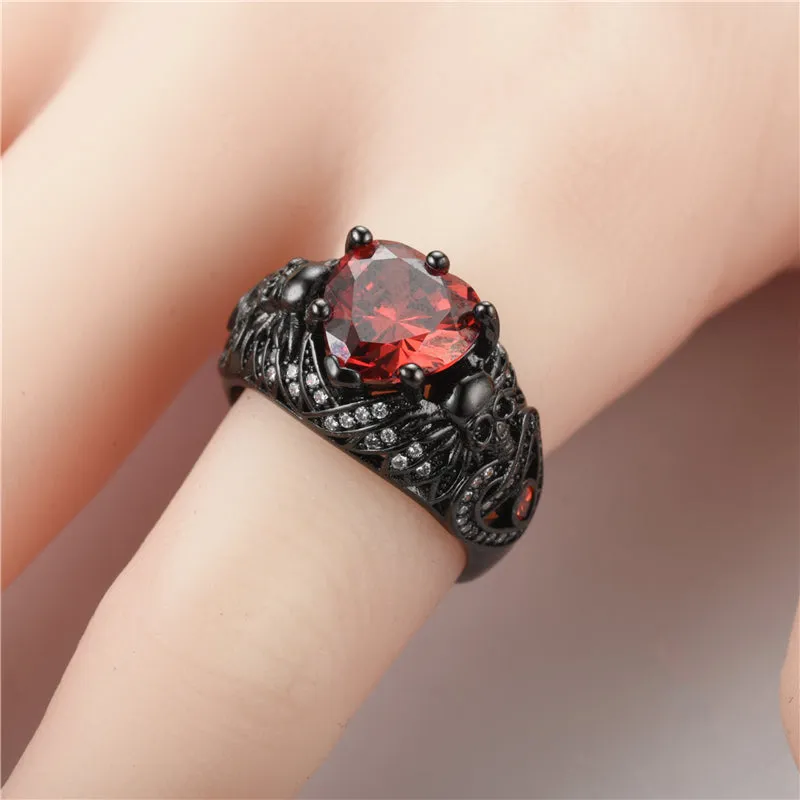 Gothic Skull, Heart Crystal and Cubic Zirconia Retro Wedding Ring