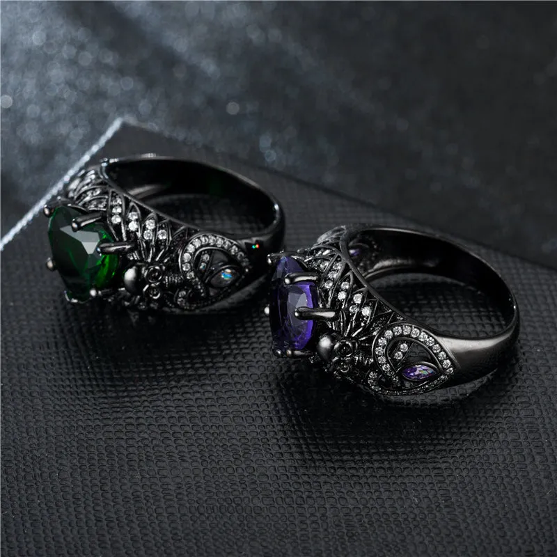 Gothic Skull, Heart Crystal and Cubic Zirconia Retro Wedding Ring