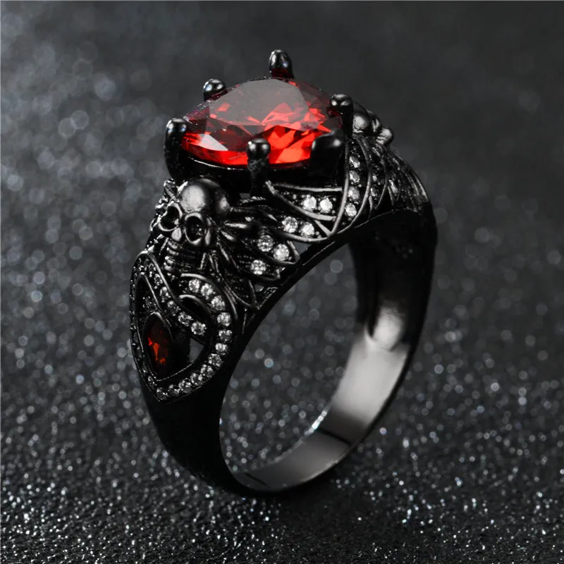 Gothic Skull, Heart Crystal and Cubic Zirconia Retro Wedding Ring