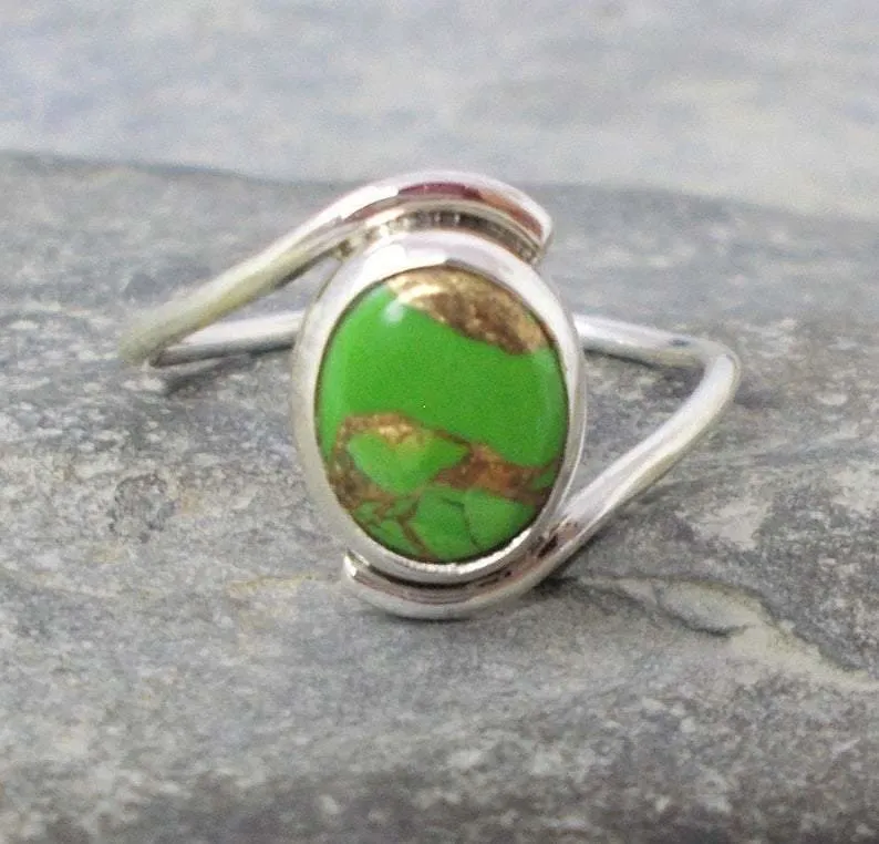 Green Copper Turquoise Statement 925 Sterling Silver Ring, Handcrafted Jewelry, For Women