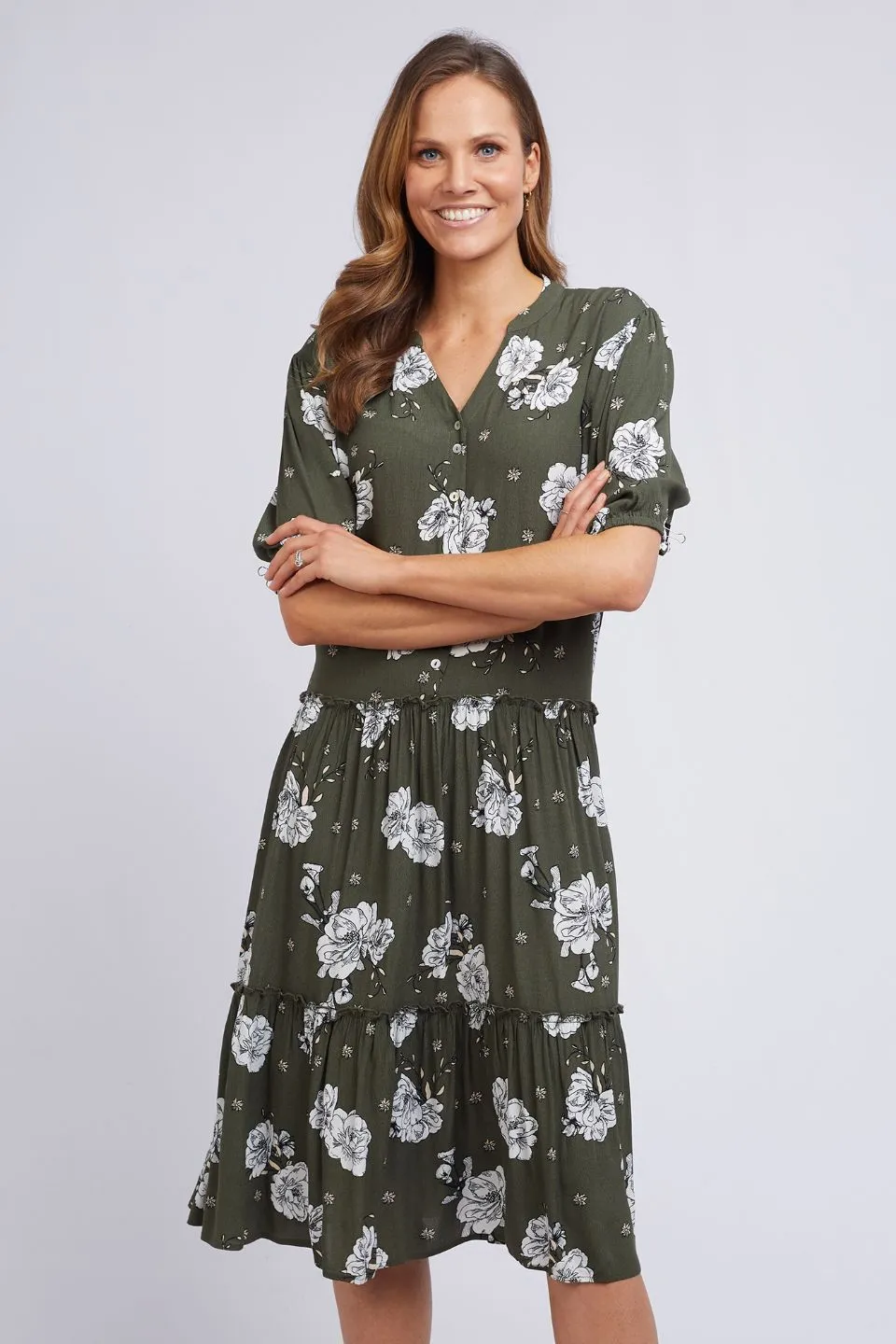 Harper Puff Sleeve Khaki Floral Tiered Midi Dress