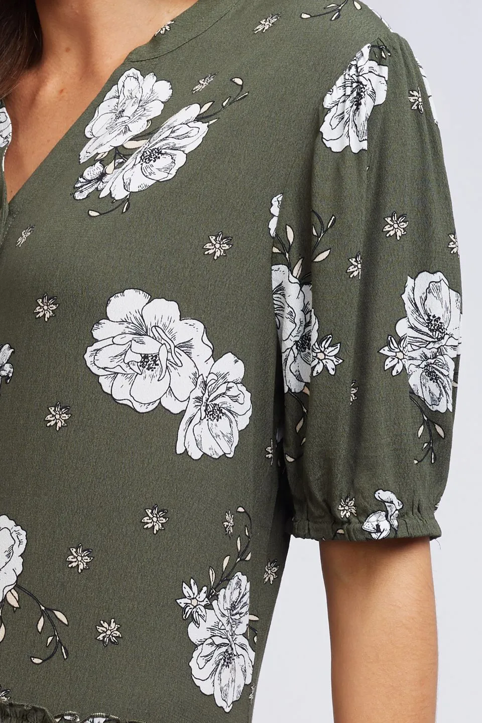 Harper Puff Sleeve Khaki Floral Tiered Midi Dress