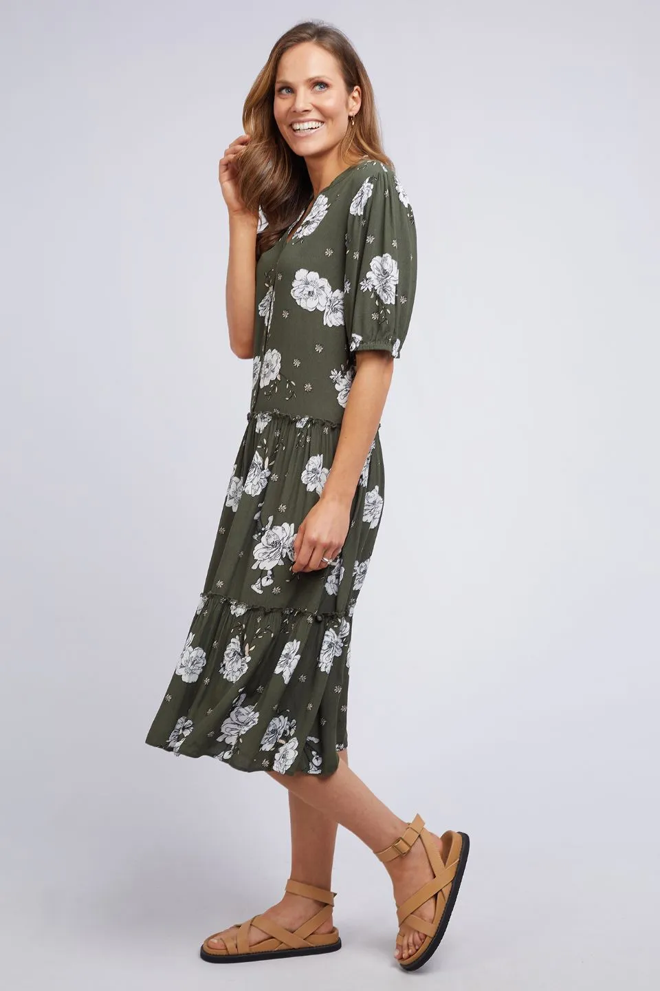 Harper Puff Sleeve Khaki Floral Tiered Midi Dress