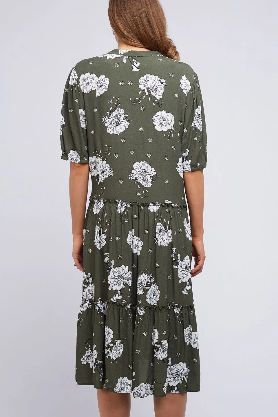 Harper Puff Sleeve Khaki Floral Tiered Midi Dress