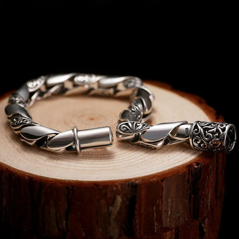 High Polished Embossed Auspicious Flowers 925 Sterling Silver Handmade Vintage Punk Bracelet