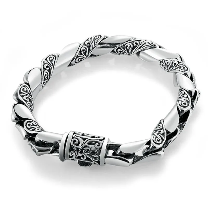 High Polished Embossed Auspicious Flowers 925 Sterling Silver Handmade Vintage Punk Bracelet