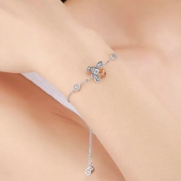 Honey Bee Crystal and Chain Link 925 Sterling Silver Fashion Bracelet