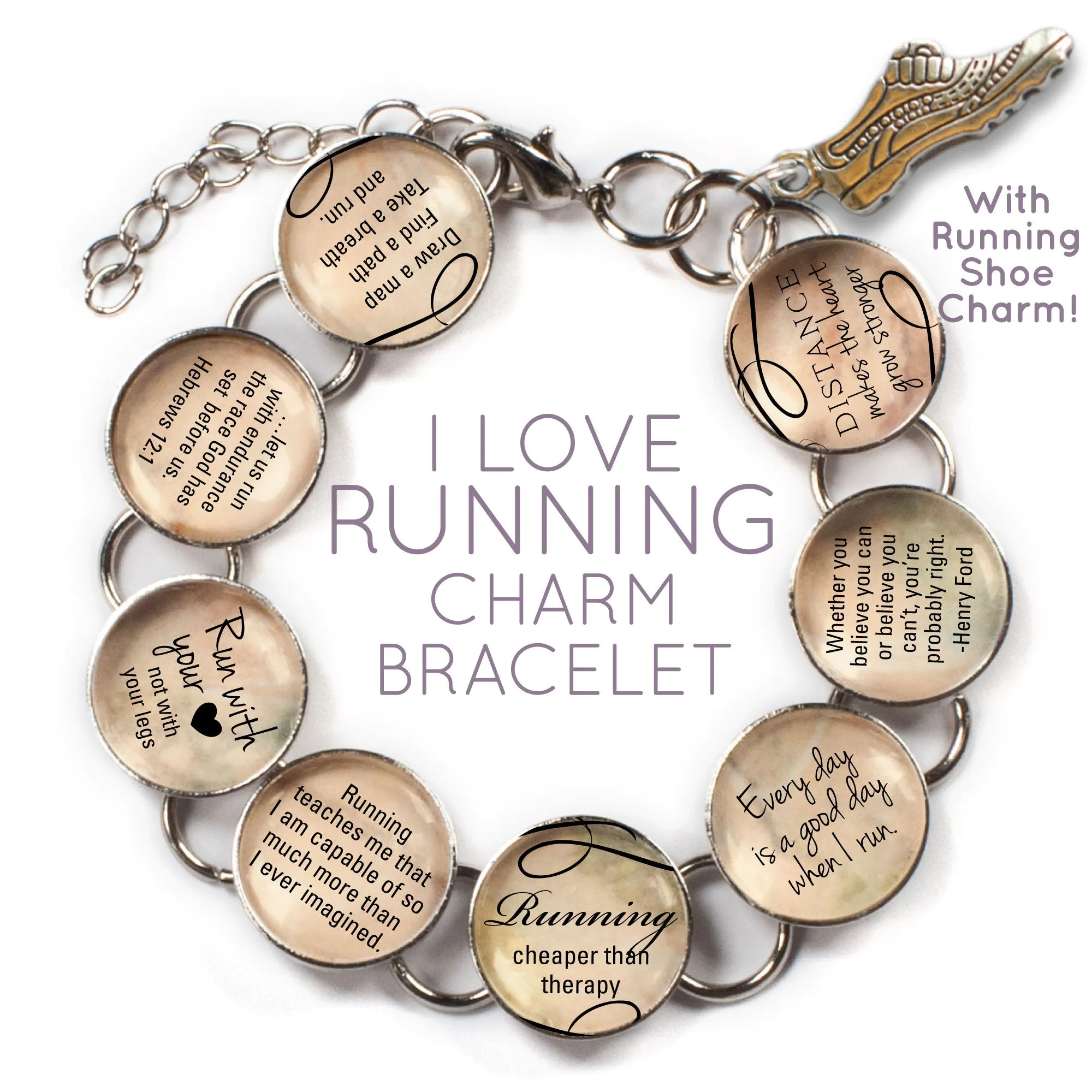 I Love Running - Custom Glass Charm Bracelet with Running Shoe Charm