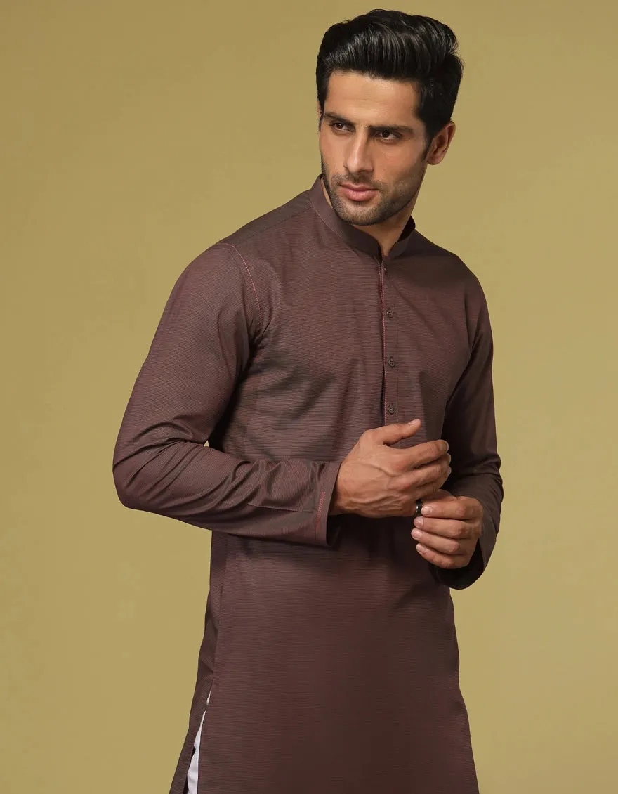 J. Mens Brown Cotton Casual Plain 2-Piece Kurta   Trouser