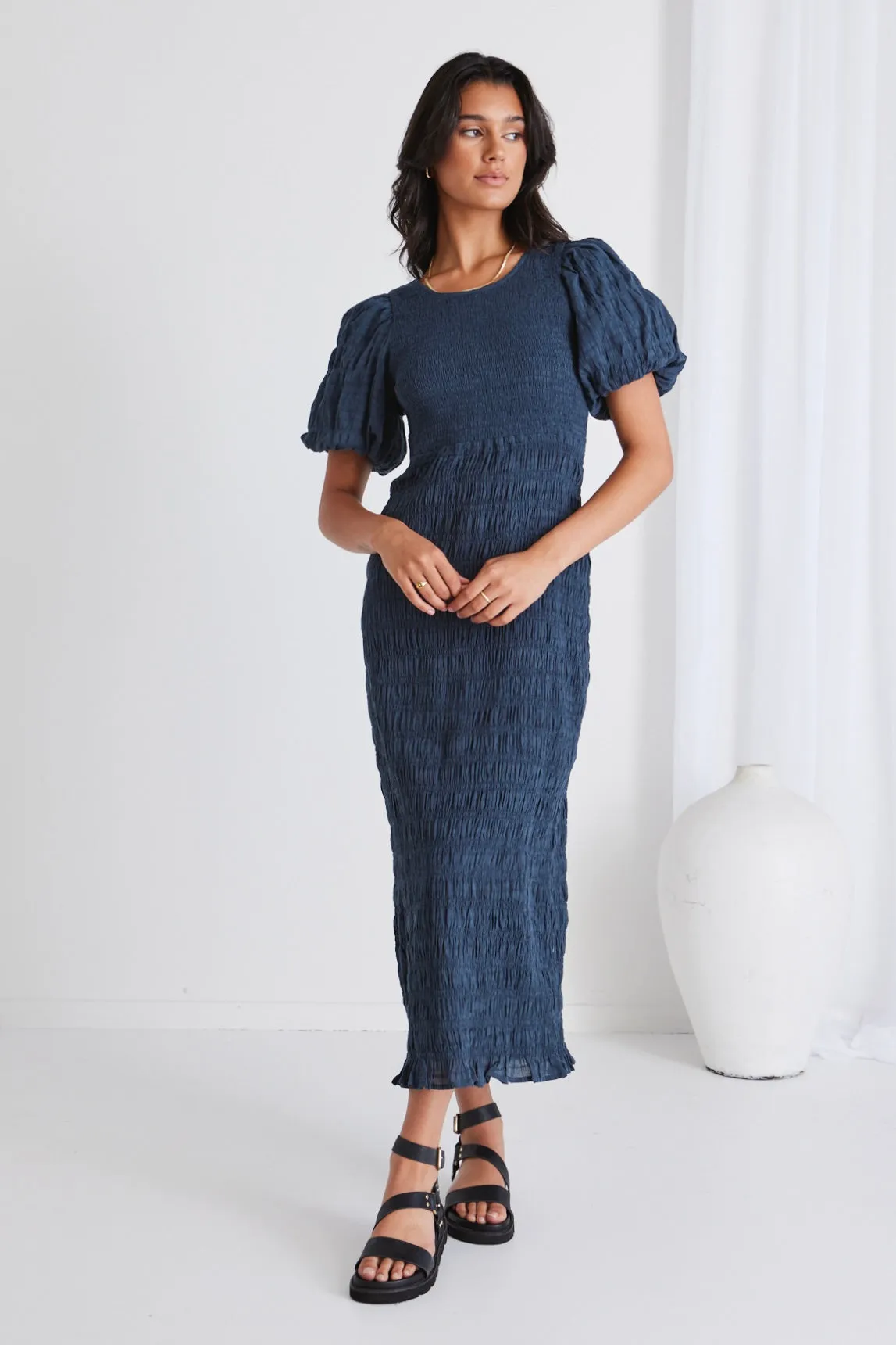 Jade Petrol Shirred Cotton Puff Sleeve Ruched Maxi Dress