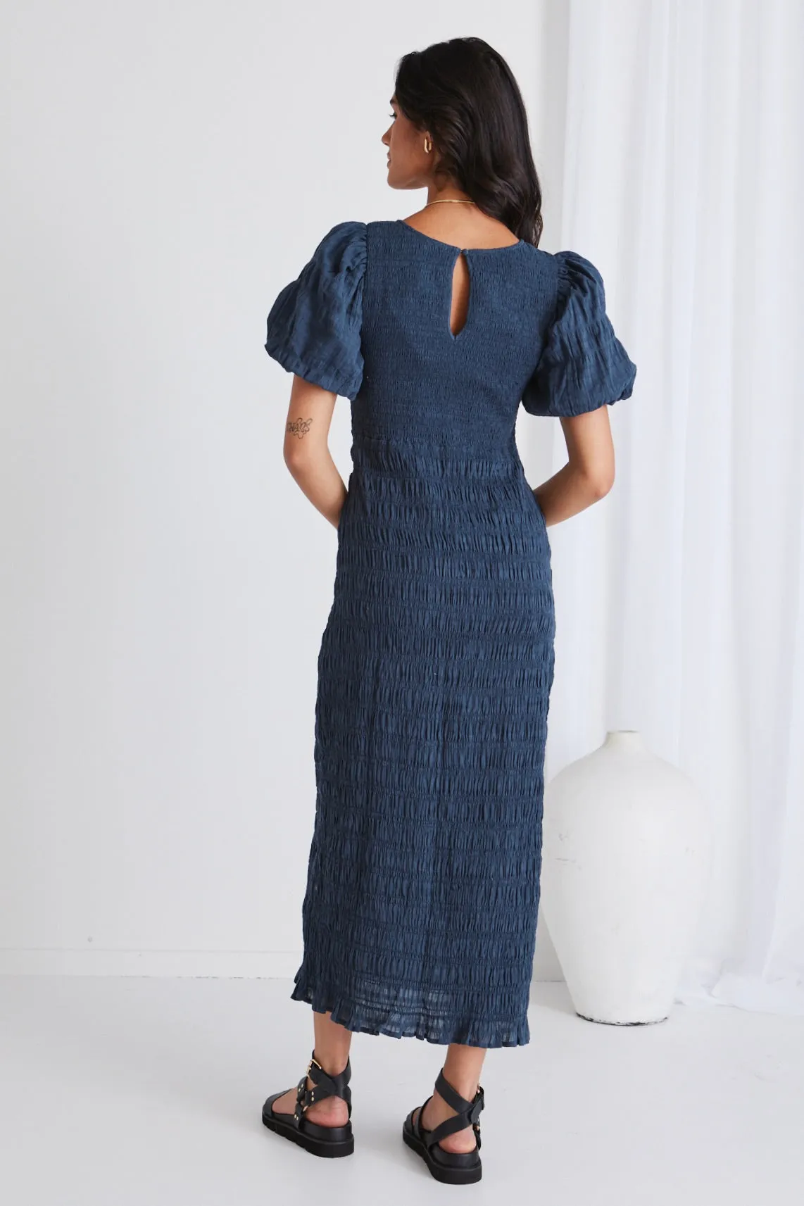 Jade Petrol Shirred Cotton Puff Sleeve Ruched Maxi Dress