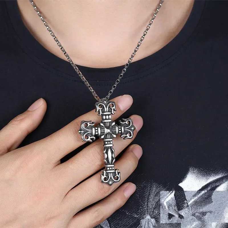 Jesus Cross Chain 316L Stainless Steel Hip-hop Rock Long Pendant Silver Necklace