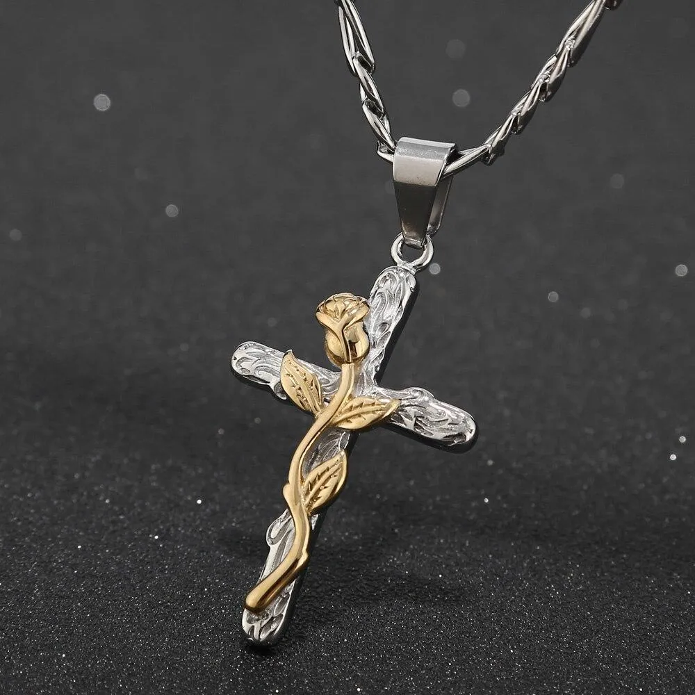 Jesus Cross Rose Charm Pendant Silver Chain Necklace