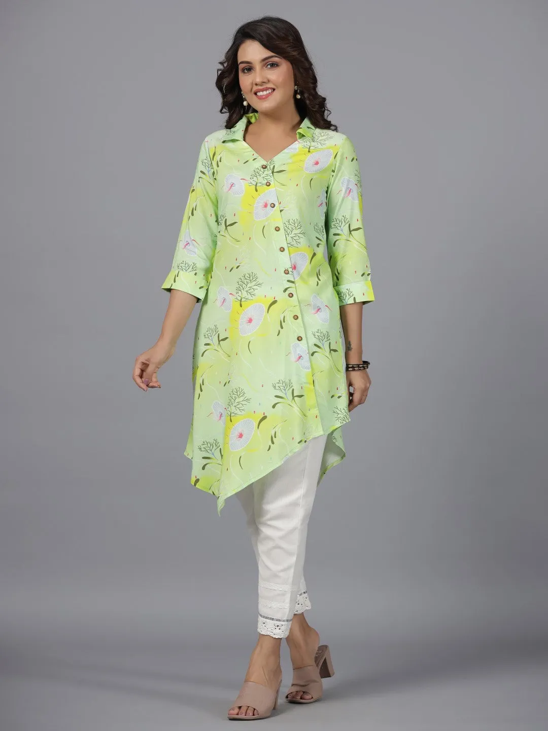 Juniper Lime Green Women Rayon Aquatic Printed & Asymmetric Kurta