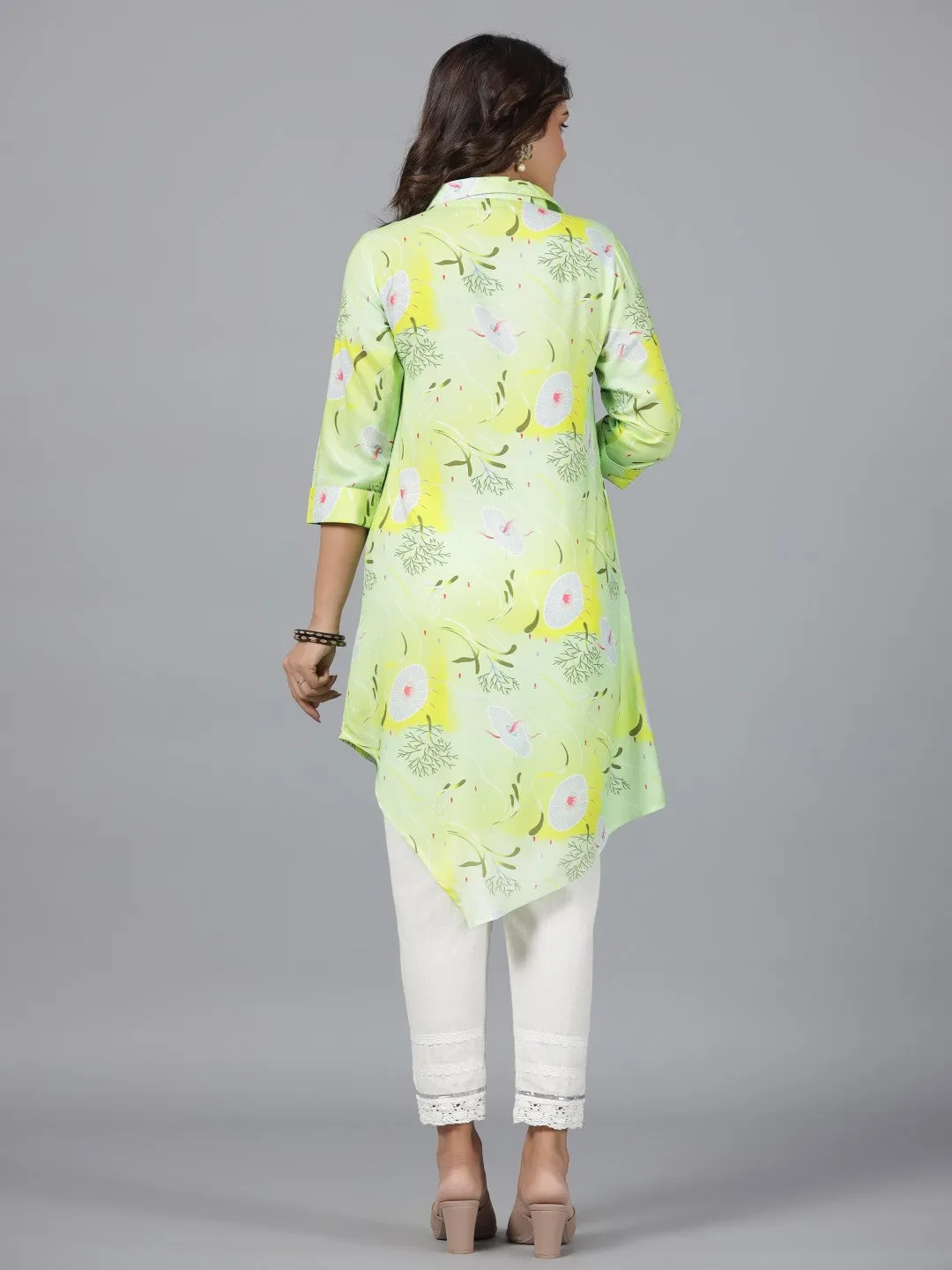 Juniper Lime Green Women Rayon Aquatic Printed & Asymmetric Kurta