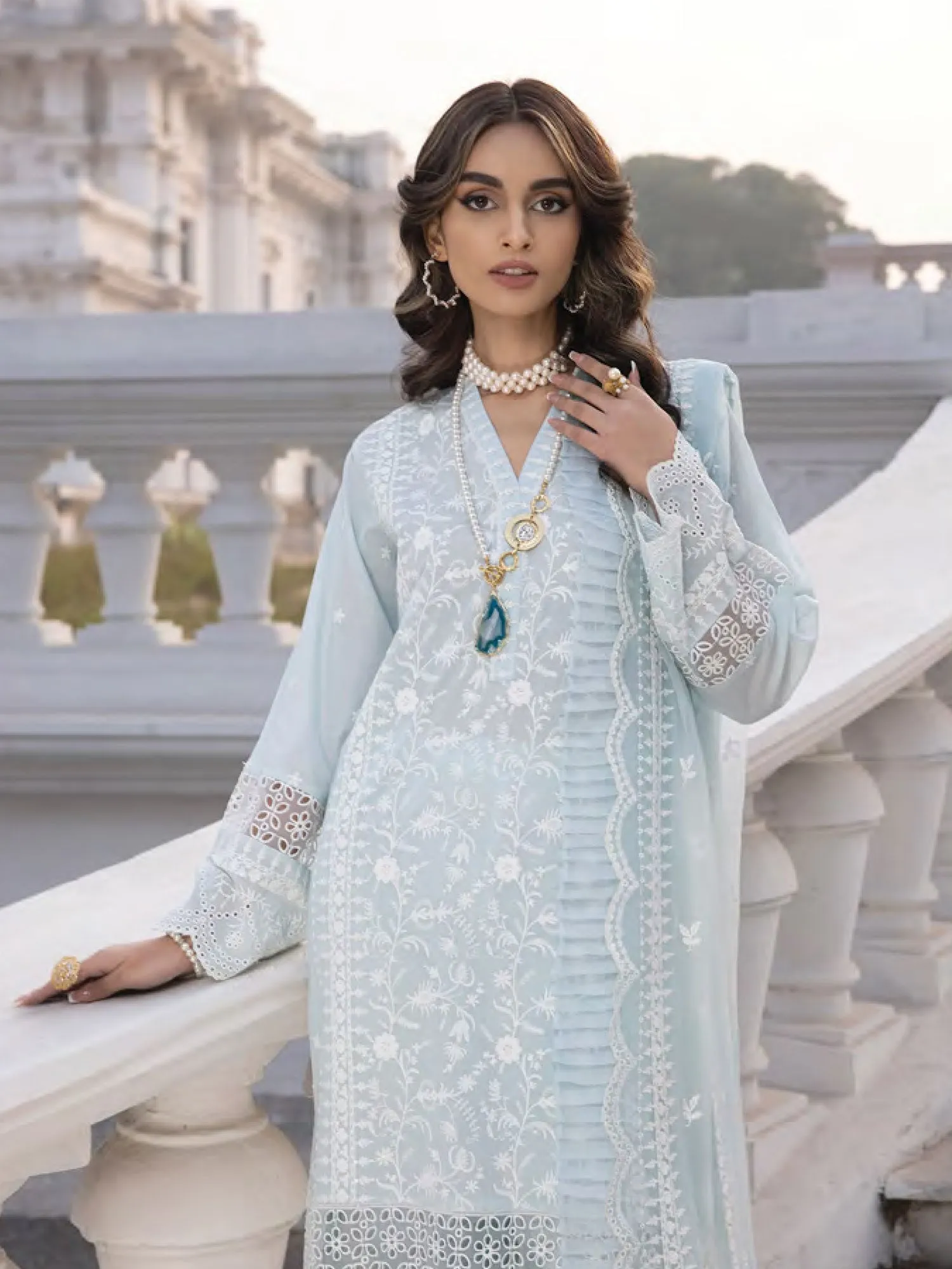 Lakhany Sky Blue Unstitched Embroidered Lawn 3-Piece Suit (LG-IZ-0051)