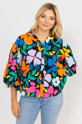 Large Floral Poplin Vneck Top