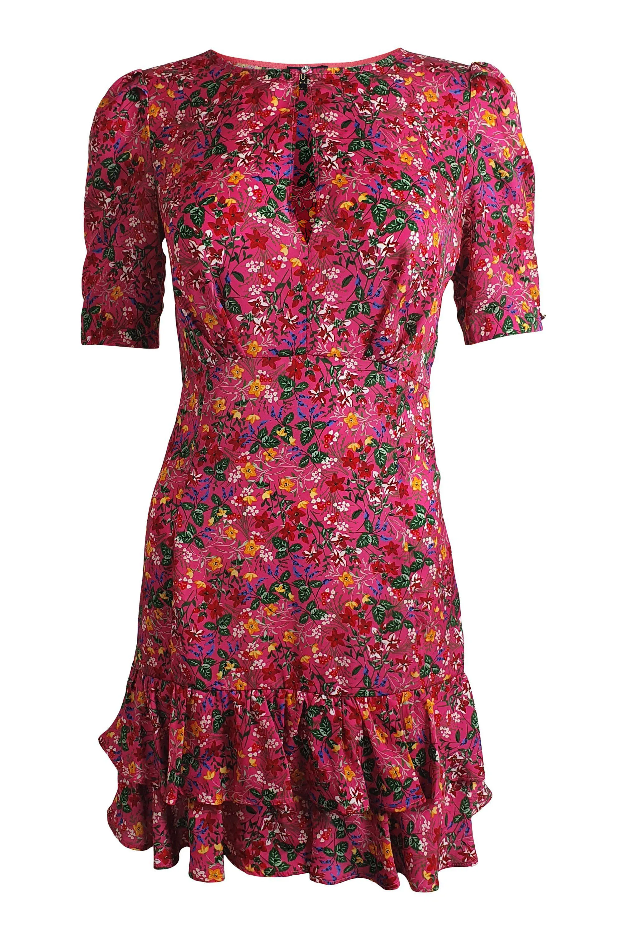 LIU JO Pink Floral Print 3/4 Sleeve Flounce Mini Dress (IT 38 | UK 06 | XXS)