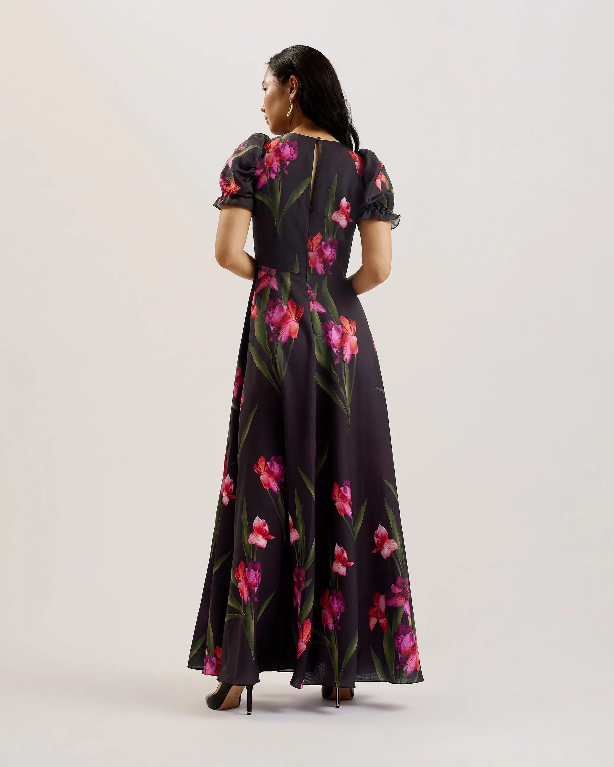 Loceie Puff Sleeve Printed Maxi Dress Black