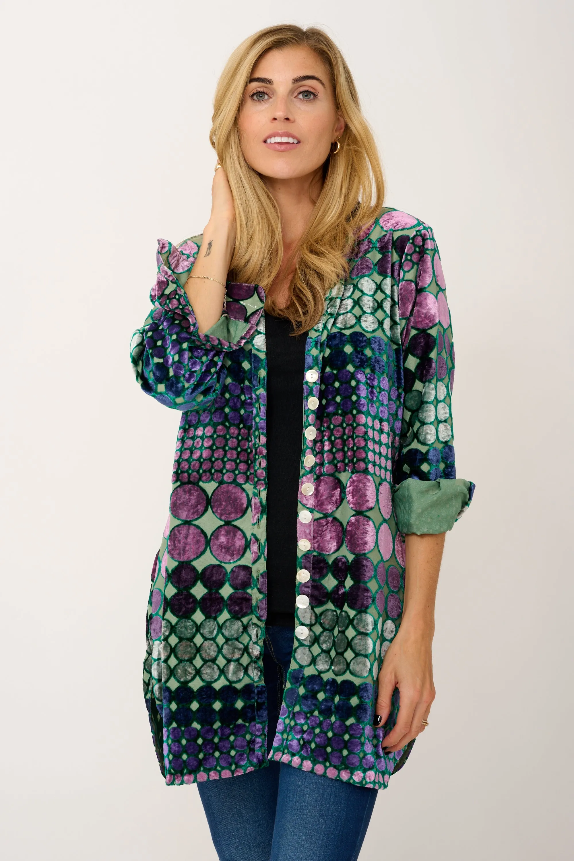 Louise Velvet Shirt in Green & Purple Spot