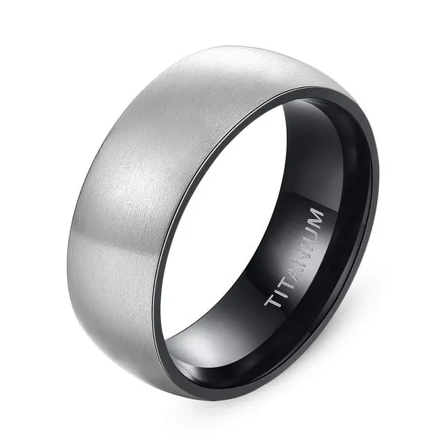 Matte Finished Silver and Black Plated Titanium Classic Wedding Band