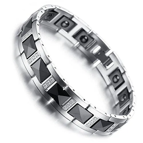 Men Ceramic Bracelet Black & Silver Crystal Hematite Energy